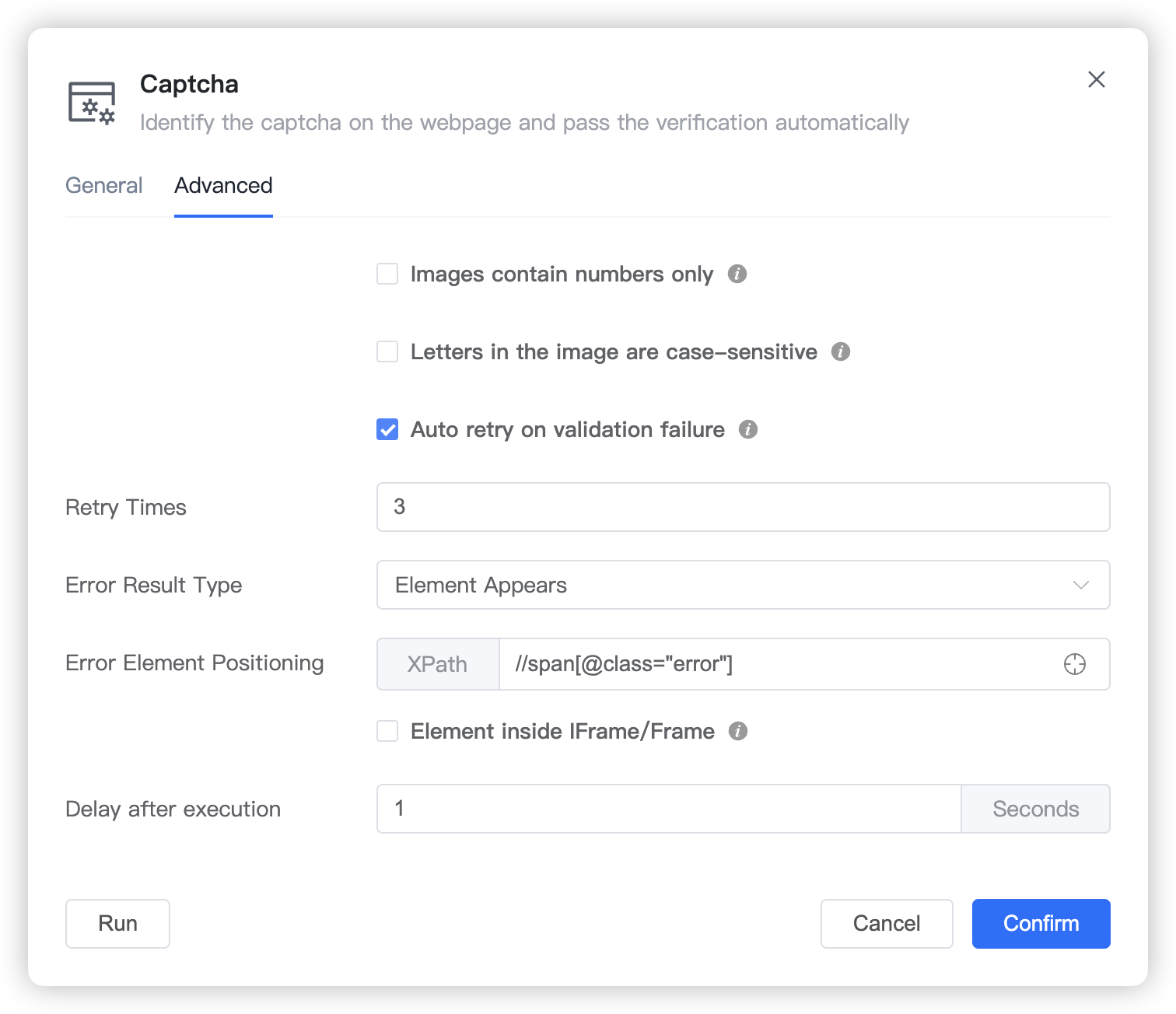 Advanced settings screenshot of Solve CAPTCHA step 1