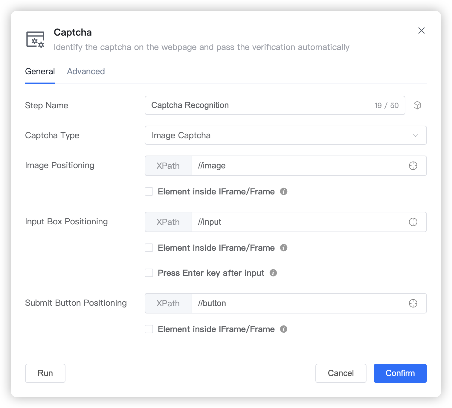 General settings screenshot of Solve CAPTCHA step 1