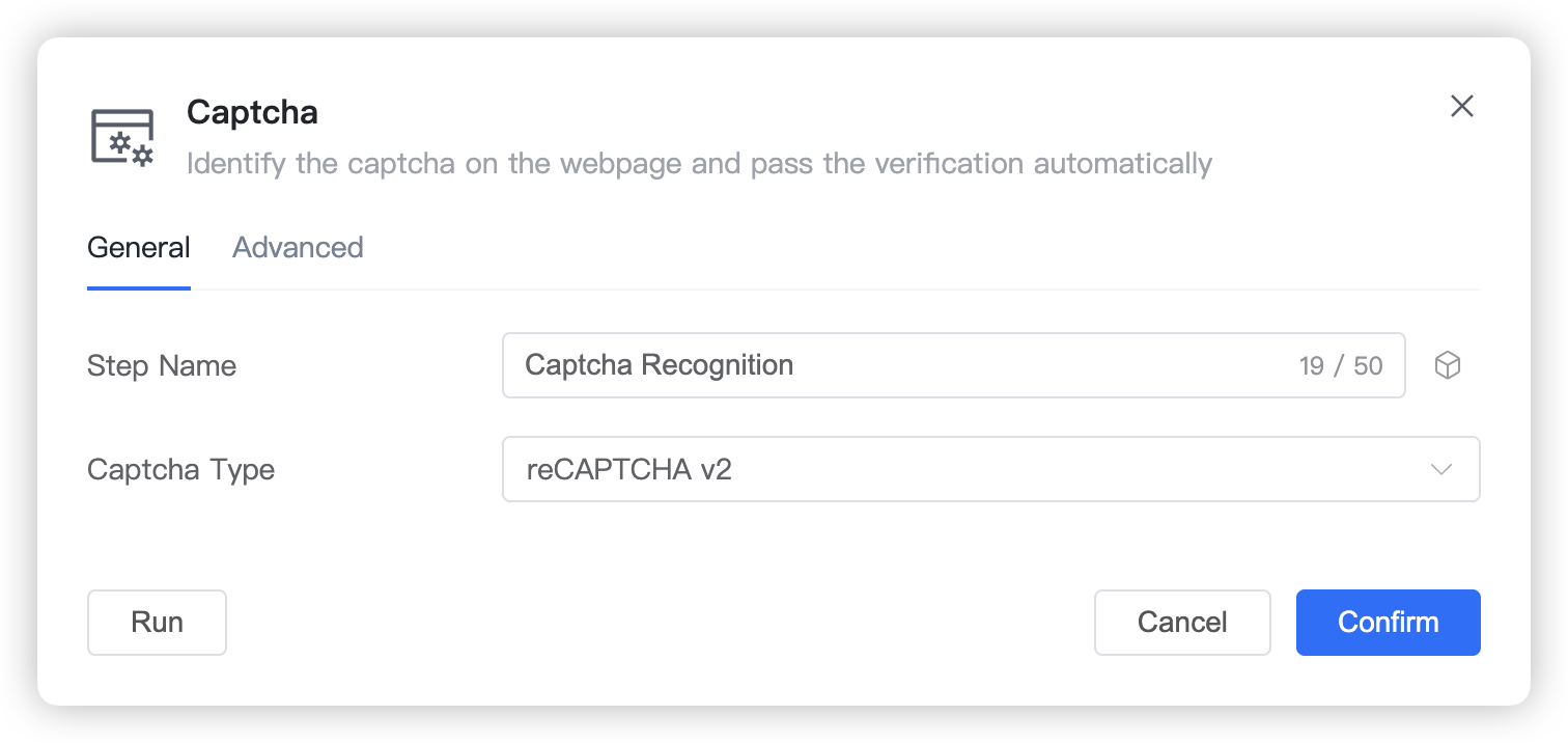 General settings screenshot of Solve CAPTCHA step 2