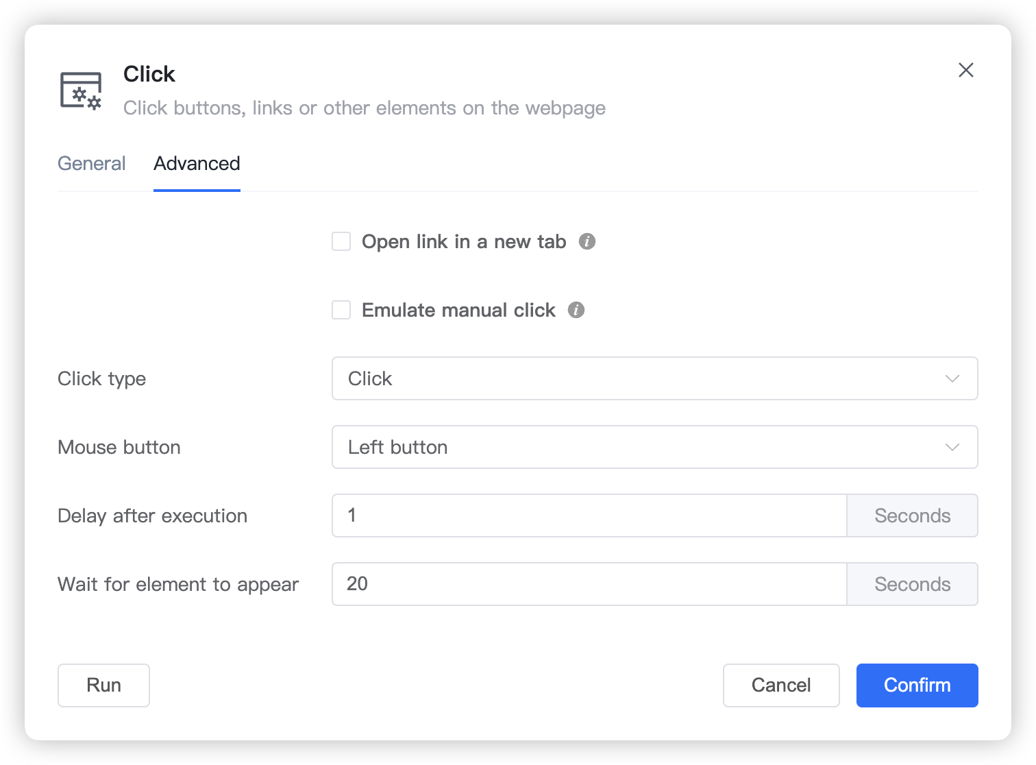 Screenshot of Click Element step advanced settings