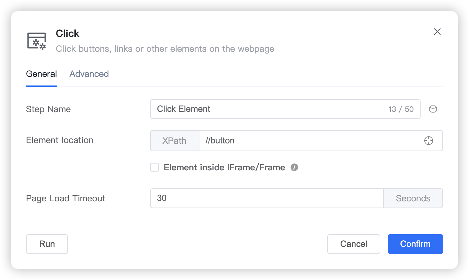 Screenshot of Click Element step general settings