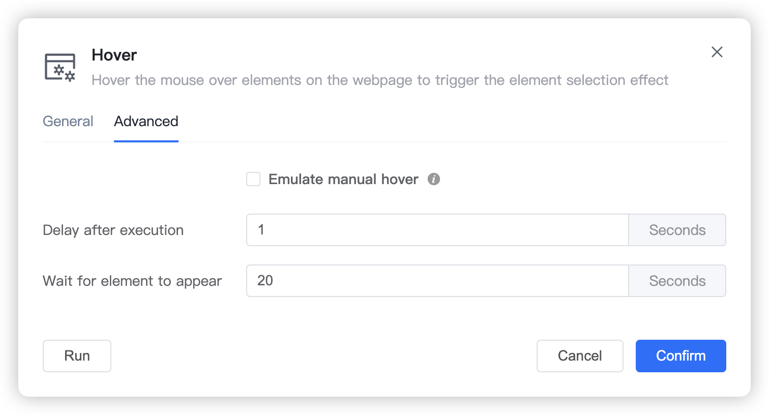 Screenshot of advanced settings for Hover Over Element step