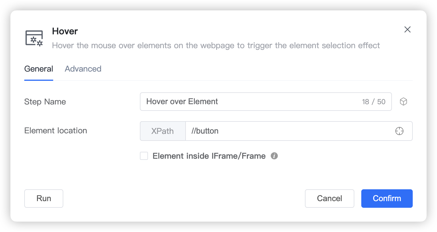 Screenshot of general settings for Hover Over Element step