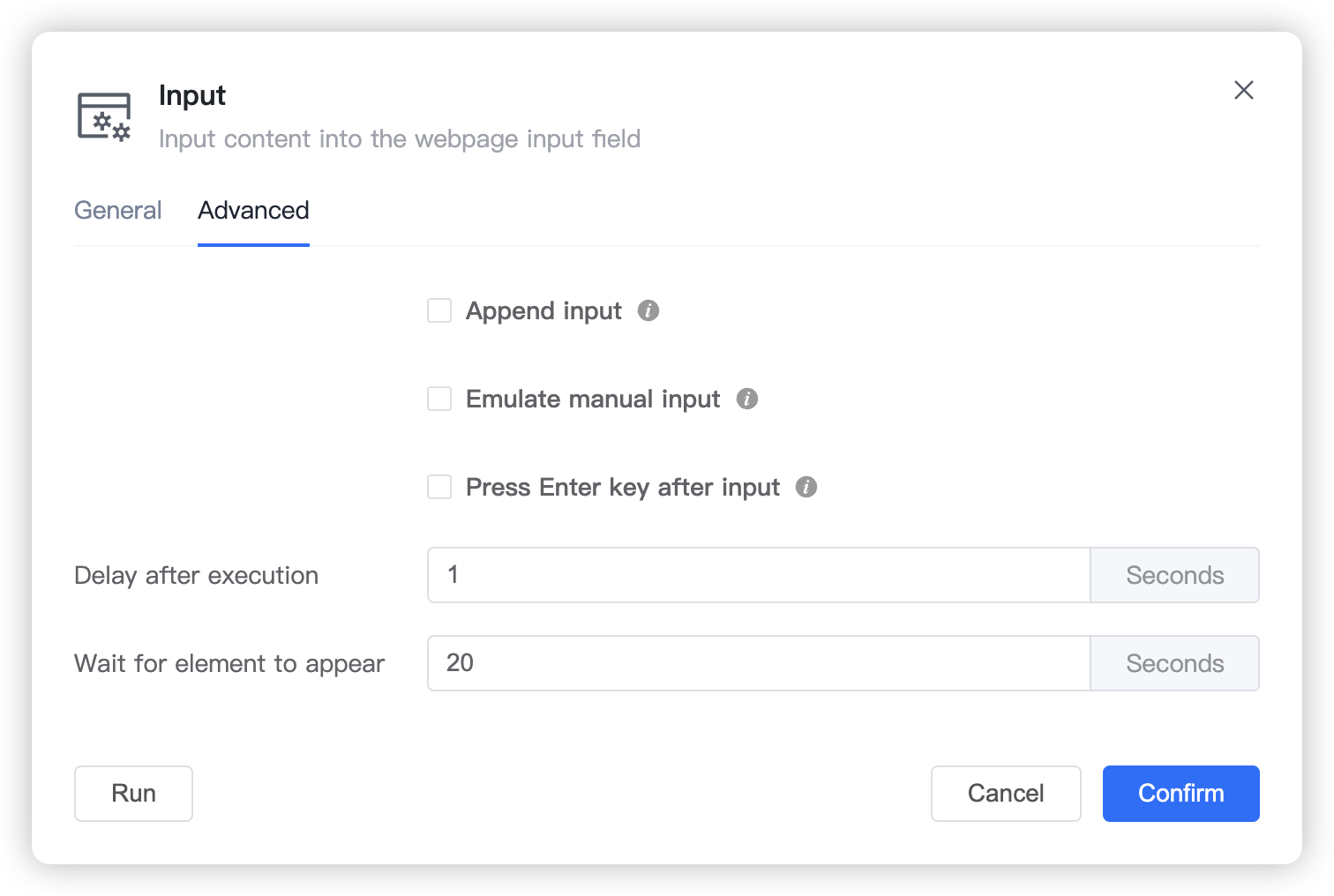 Screenshot of Input Text step advanced settings