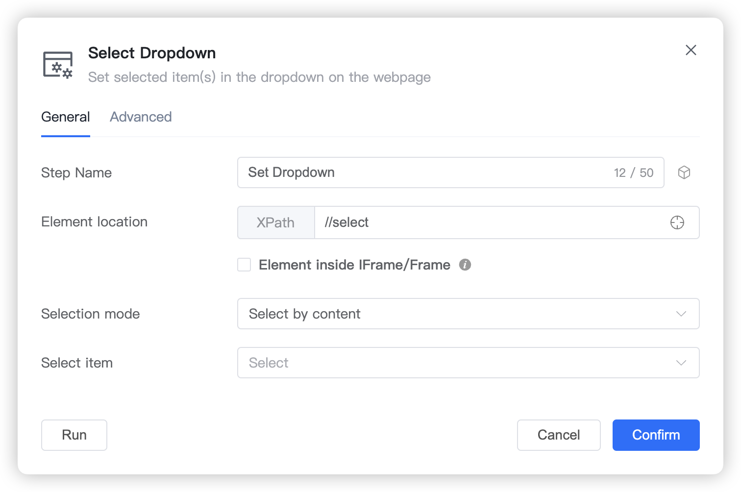 Screenshot of general settings for Set Dropdown step 1